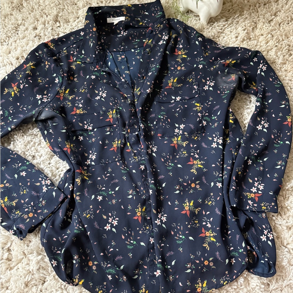 Pleione Blue and White Button Down Shirt with Notched Collar
